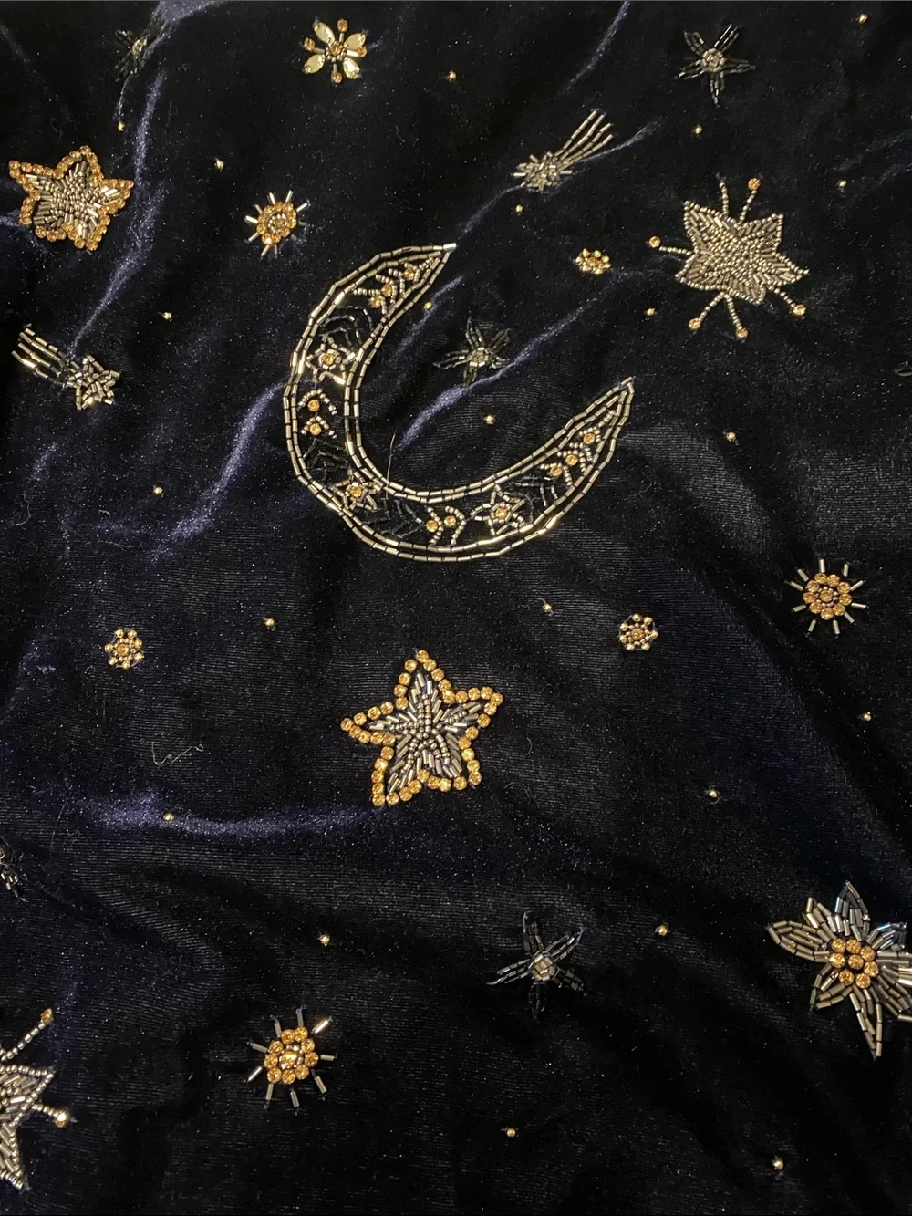 House of Skye Embellished Velvet Bomber Jacket in Navy with Metallic Accents